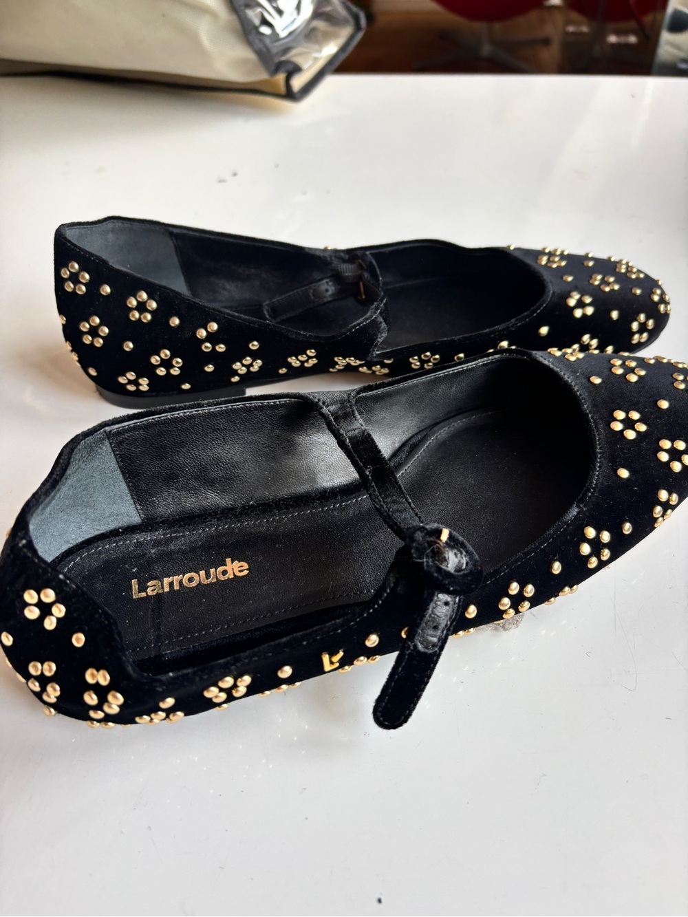 Larroude Black with Gold Floral Emblisments Mary Jane Flats - Picture 4 of 7